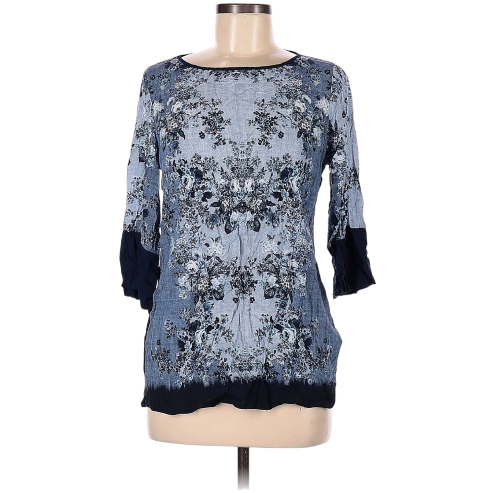 VLT'S By Valentinas 3/4 Sleeve Blouse Size M Navy Blue Floral Lightweight Italy